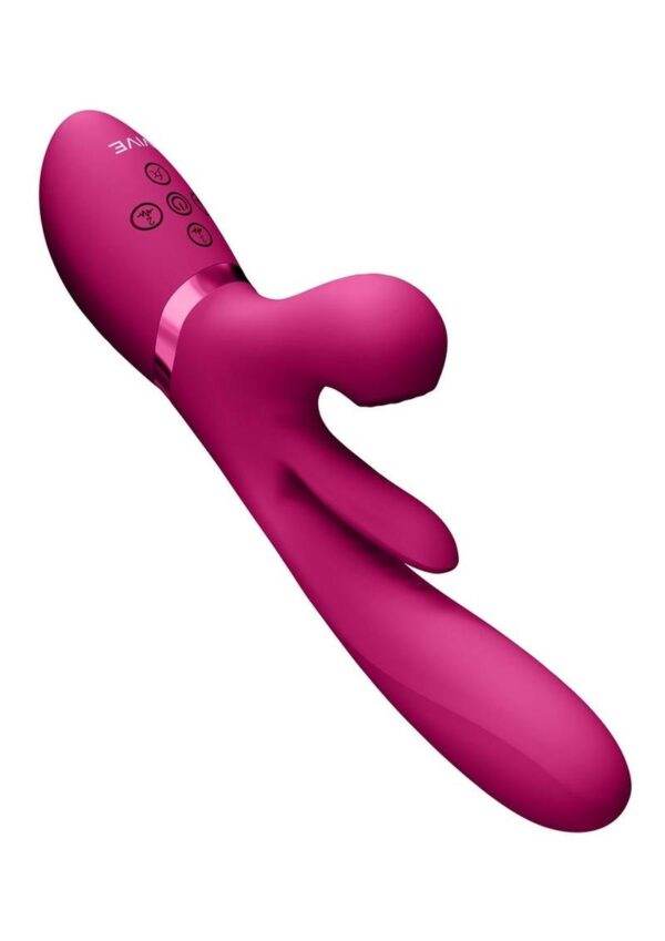 Vive KURA Rechargeable Silicone Triple Motor Thrusting G-Spot with Flapper and Air Wave Clit Stimulation Vibrator - Pink - Image 3
