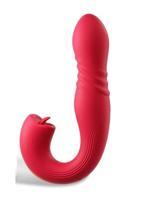 Joi Thrust 2 Pressure Sensing App Controlled Thrusting G-spot Silicone Rechargeable Vibrator and Tongue Clit Licker - Red/Gold - Image 3